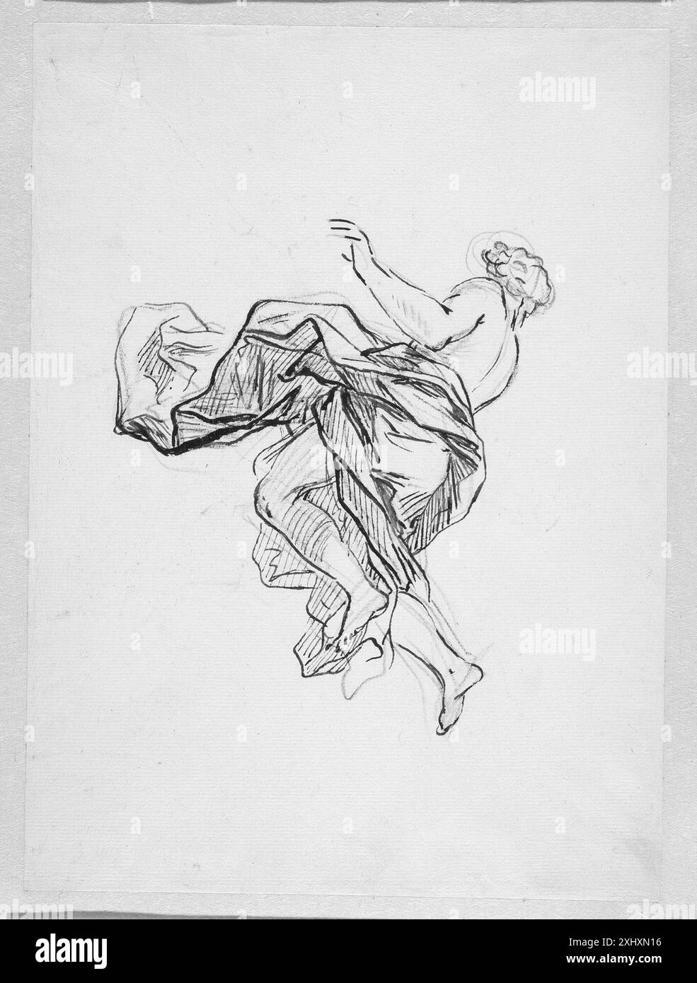 Drawing depicting a flying figure in a flowing robe seen from behind ...