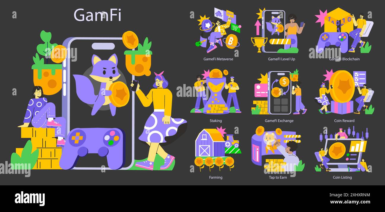 Gamefi concept. Blockchain game vector 3d isometric poster. Crypto, nft  art, token and fungible finance. People earn money in metaverse Stock  Vector Image & Art - Alamy