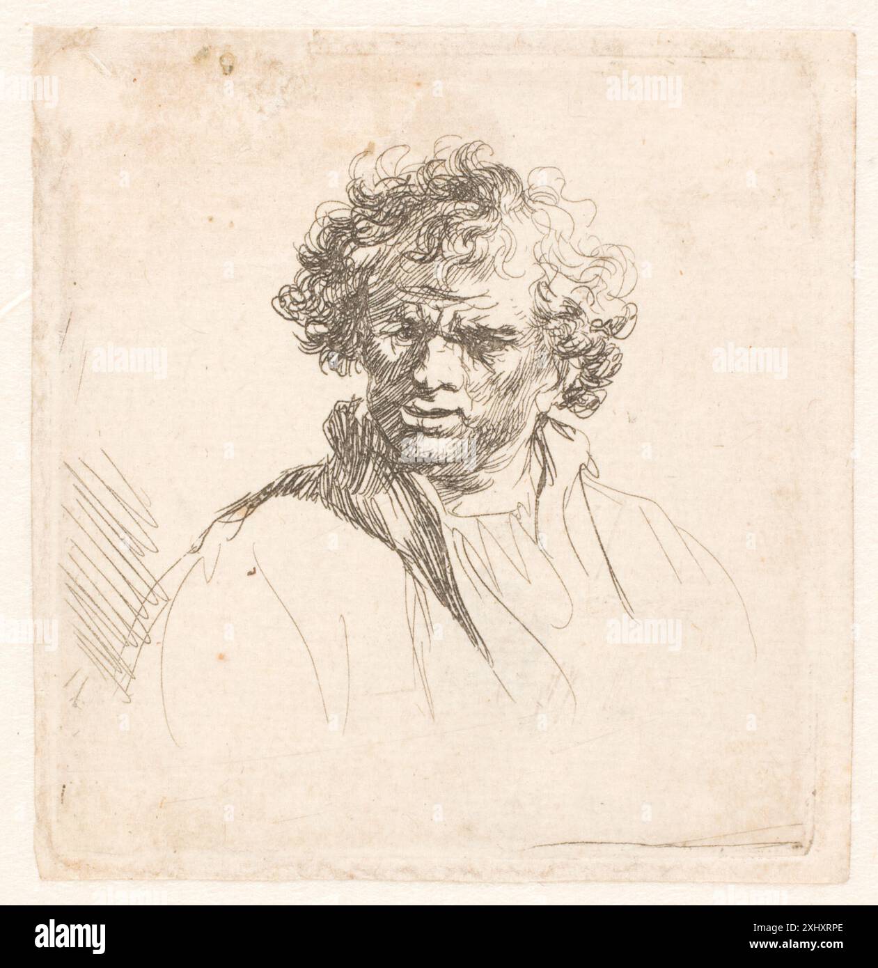 Curly-headed man with a wry mouth Rembrandt van Rijn 1606 - 1669, Bol, Ferdinand 1616 - 1680 Engraving, Print Hollstein's Dutch and Flemish etchings, engravings and woodcuts 1450-1700 (vol. XVIII - XIX), Rembrandt van Rijn, Christopher White, 305 I, C 38945, 1969. The Illustrated Bartsch 50, Supplement, Rembrandt Harmensz. van Rijn, Stephanie S. Dickey, 305 I, C 36238, 1993. Rembrandt's etchings: an essay and a catalogue with some notes on the drawings, Arthur M. Hind, 137 I, 6545, 1912. L'oeuvre gravé de Rembrandt: avec un catalogue raisonné, Dmitri Rovinski, 305, 6728, 1890 Curly-headed man Stock Photo