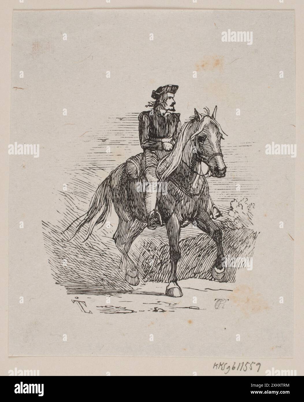 Woodcut by Johan Thomas Lundbye depicting a rider in medieval suit ...