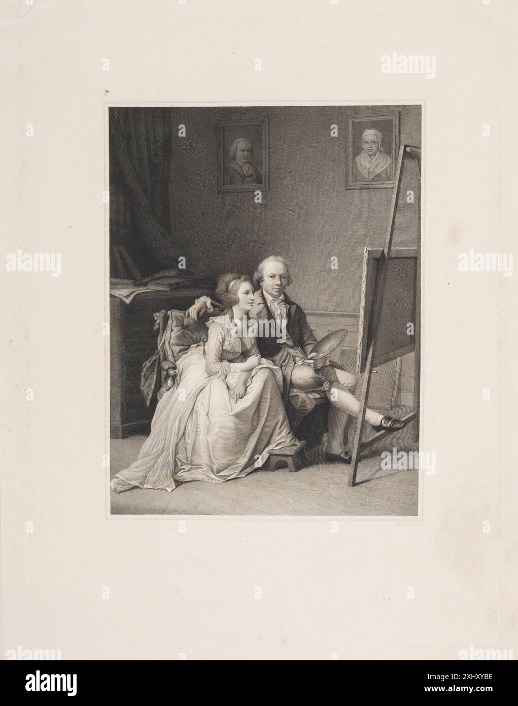 Copper engraving depicting Jens Juel and his wife at an easel, showing ...