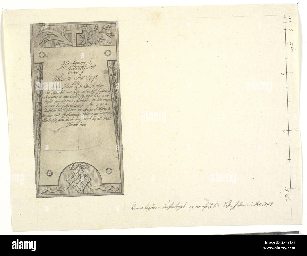 Draft corpse with inscription for Mrs. Margaret Low. 1793. Weidenhaupt ...