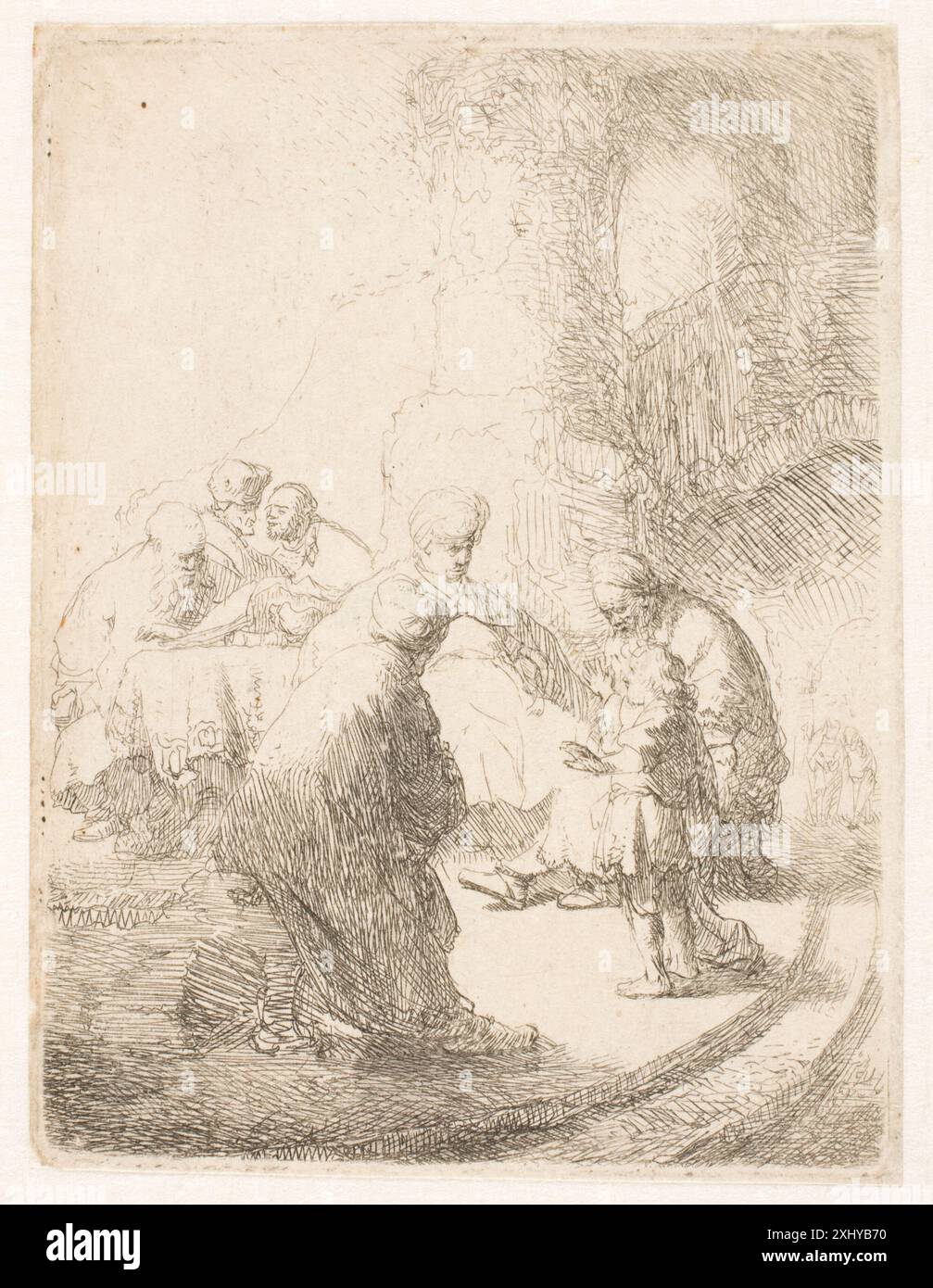 An engraving by Rembrandt van Rijn depicting Christ disputing with the ...