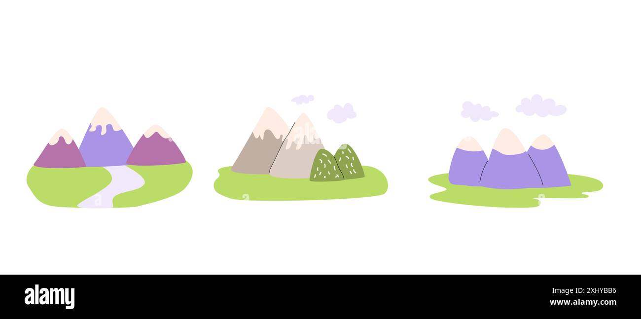 childrens landscape elements collection. Mountains and river backgrounds set. Stock Vector