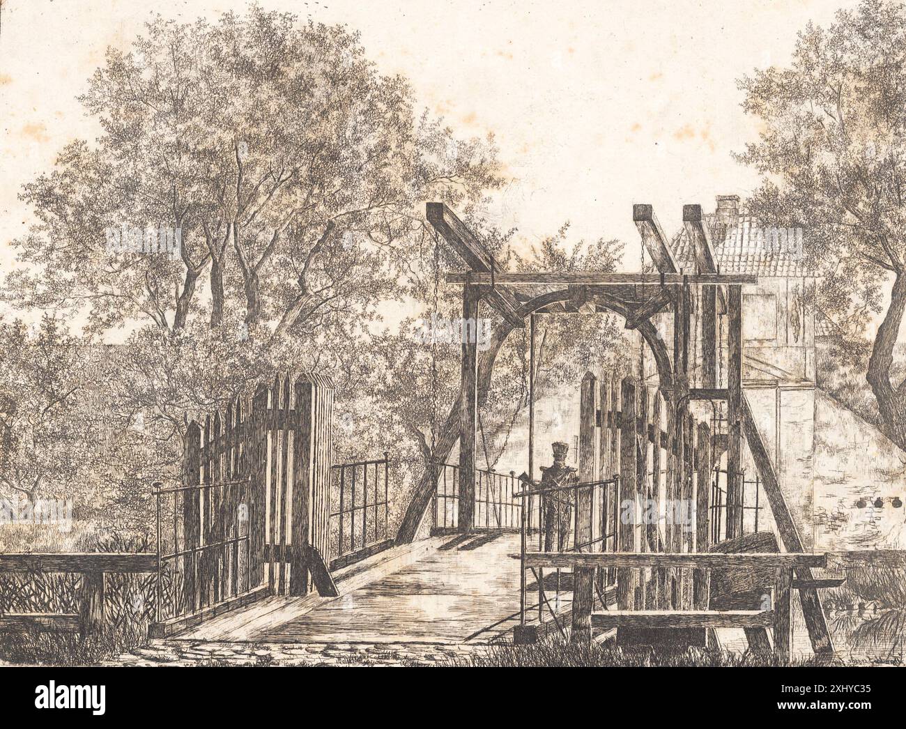 Thorald Etching by Thorald Læssøe showing part of a castle bridge, illustrating ...