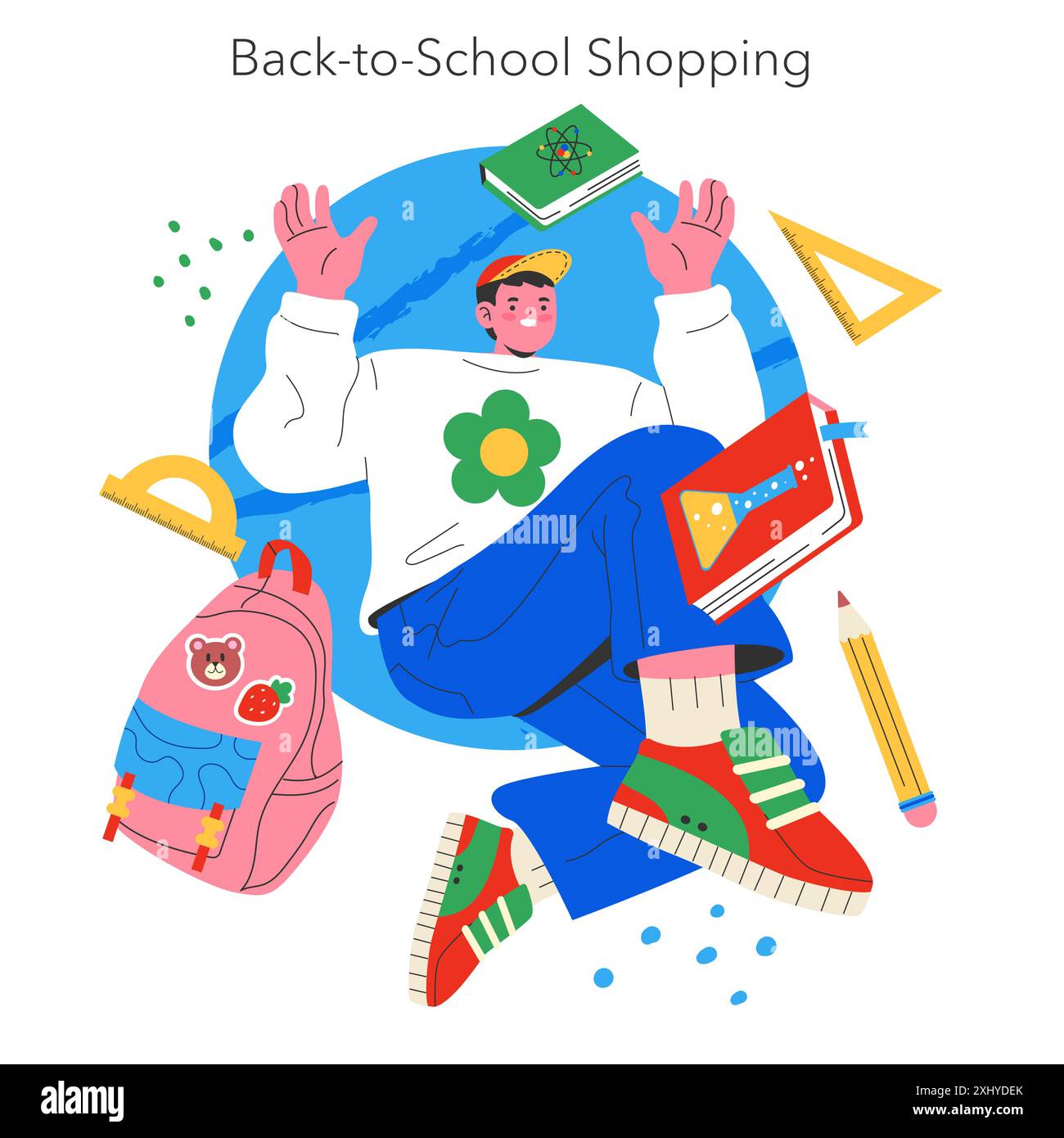 Back-to-school shopping concept. A student surrounded by new school ...