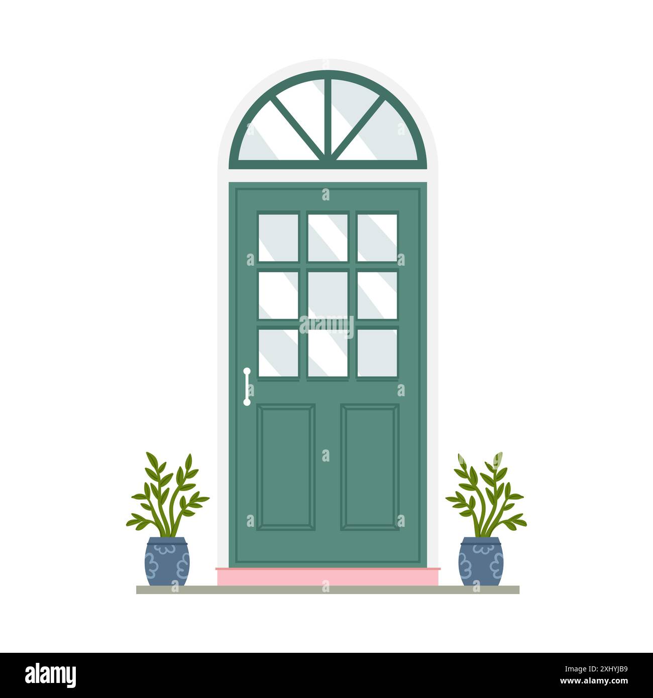 Green arched front door with doorknob and pink porch, architectural ...