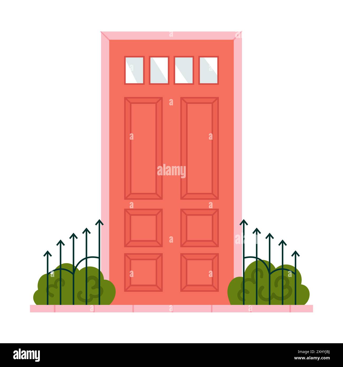 Red front door with rectangular windows and green plants behind fence bars vector illustration Stock Vector
