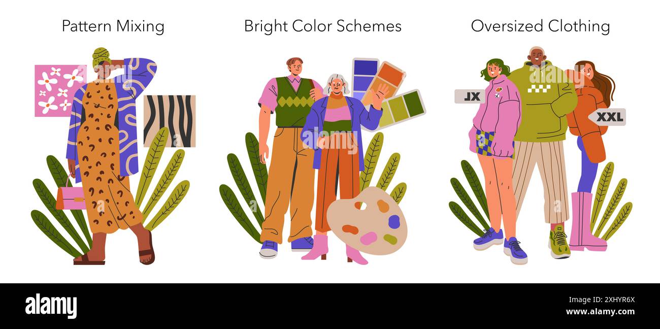 Fashion Trends set. Exploring pattern mixing, bright color schemes, and(06)
