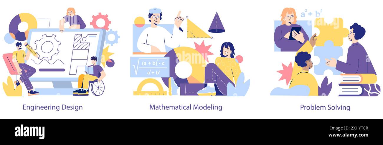 STEM Education set. Illustration portrays engineering design, mathematical modeling, and problem-solving concepts. Collaborative learning environment. Vector illustration. Stock Vector