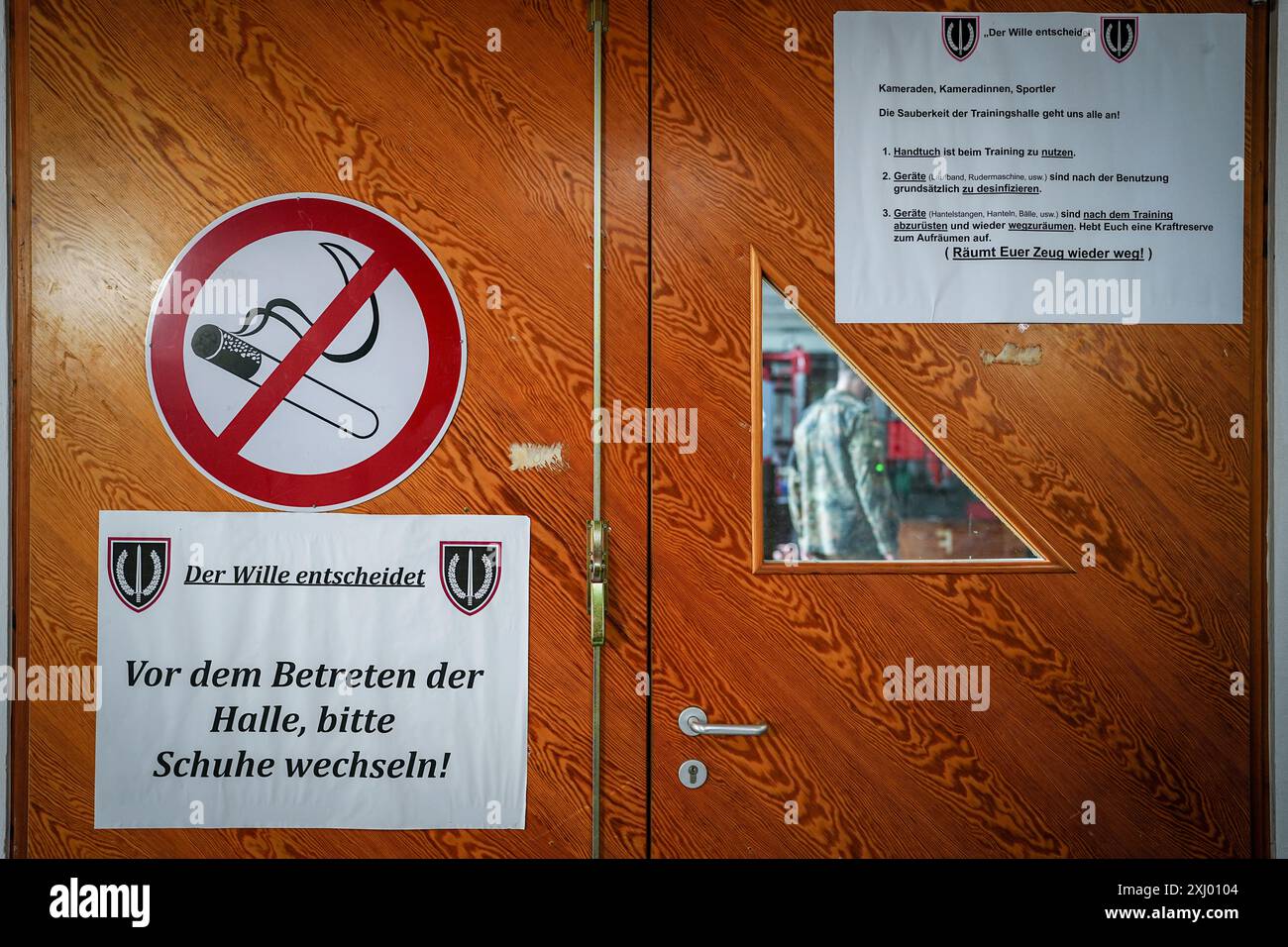 Commando Building Sign 02 July 2024, Baden-Württemberg, Calw: Signs can be seen on a door to ...