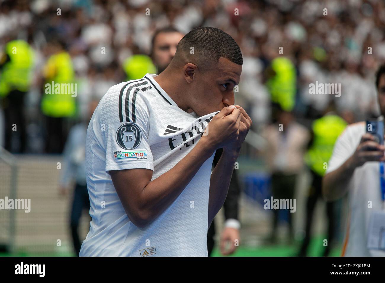 Madrid Spain. July 16, 2024.  This morning, the French footballer, Kilian Mbappe, was presented at the Santiago Bernabeu stadium as the new reinforcement of the football club, Real Madrid. Credit: Canales Carvajal/Alamy Live News. Stock Photo