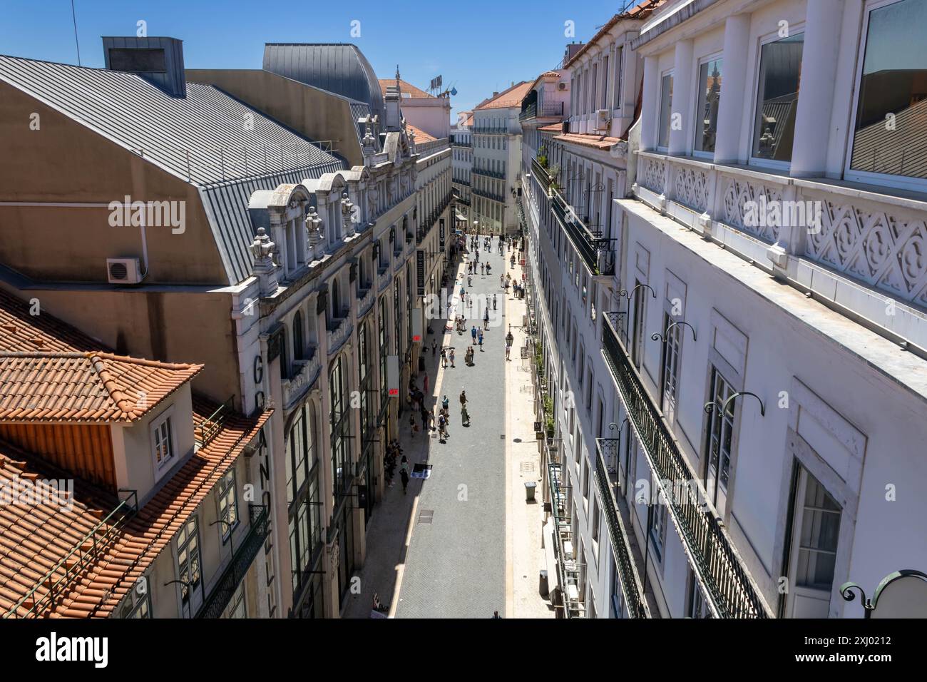 Lisbon, Portugal - July 1, 2022: A view of Rua do Carmo with street artists from the Santa Justa Elevator platform Stock Photo