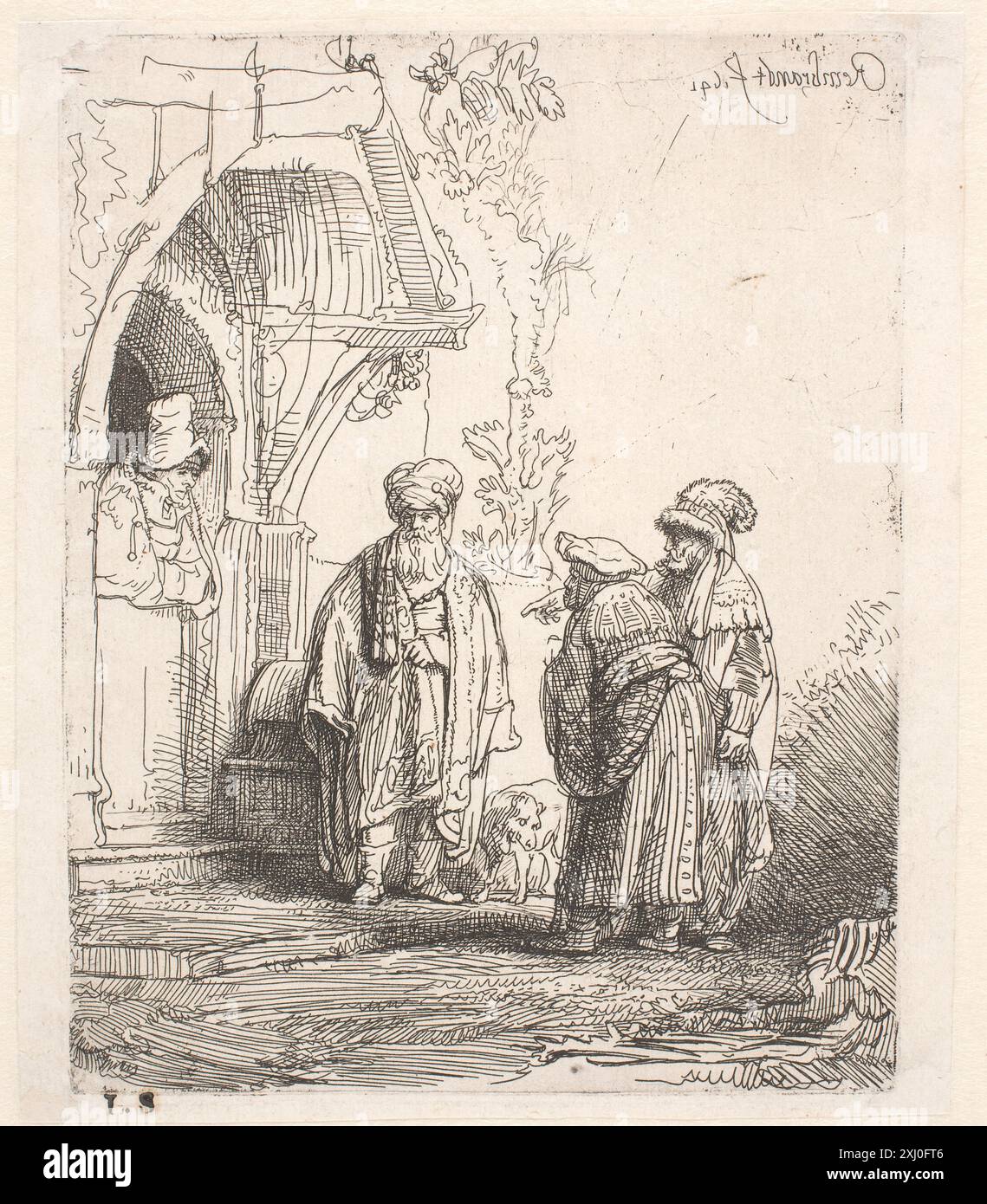 Engraving attributed to Rembrandt depicting a biblical scene with Jacob ...