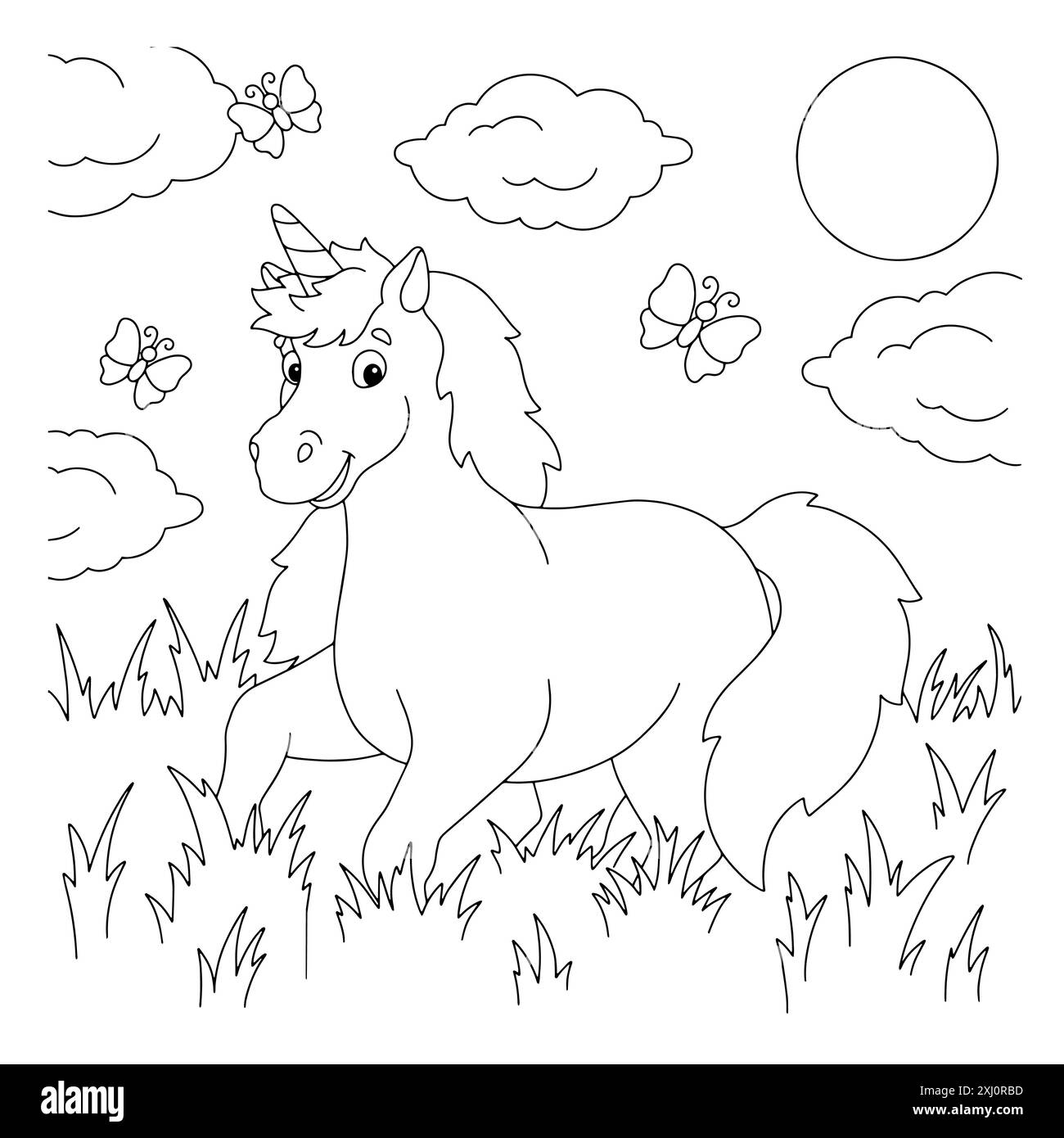 A frolicking unicorn on the grass. Coloring book page for kids. Cartoon ...