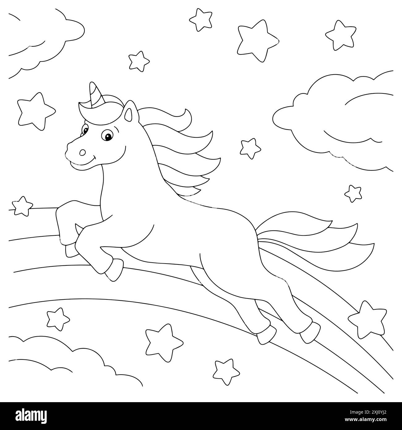A unicorn flying across the sky. Coloring book page for kids. Cartoon ...