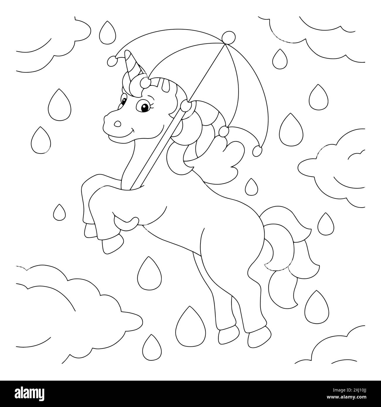 A unicorn walks in the sky in the rain with an umbrella. Coloring book ...