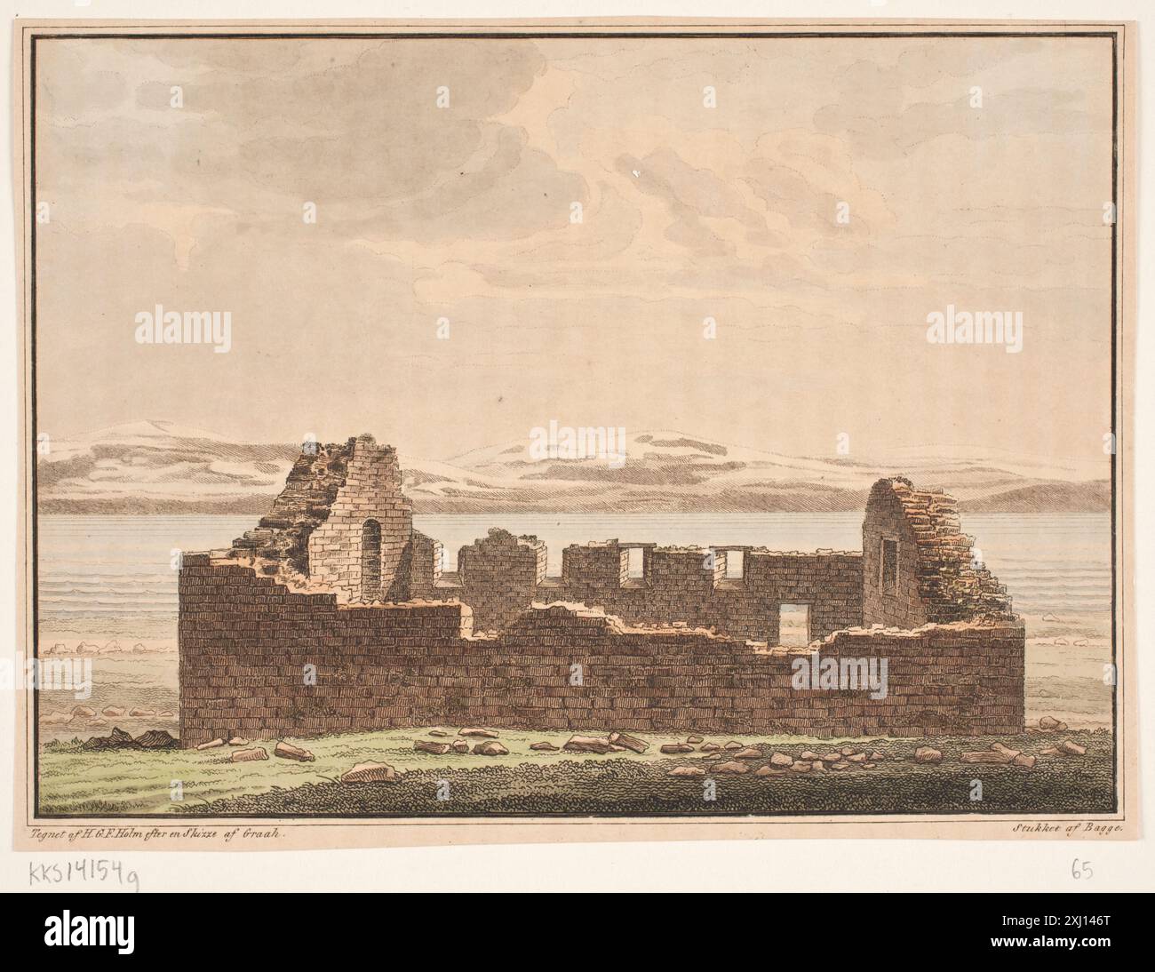 Engraving by Bagge, Graah, and Holm showing a Greenland church ruin ...