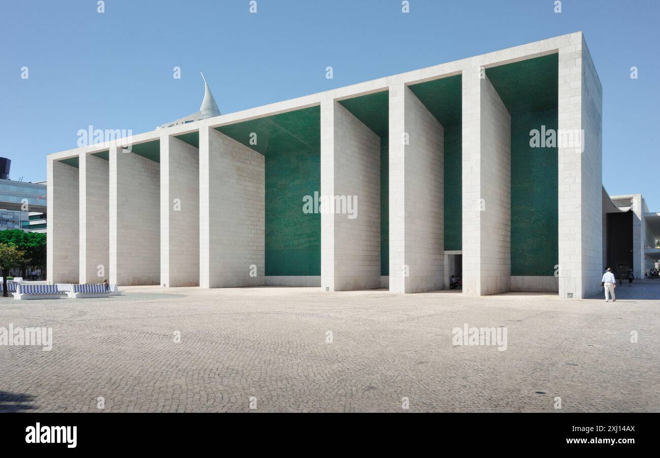 The Pavilion of Portugal (Pavilhão de Portugal). Exterior of the pavilion - concrete portico structure with nine massive pillars. Stock Photo