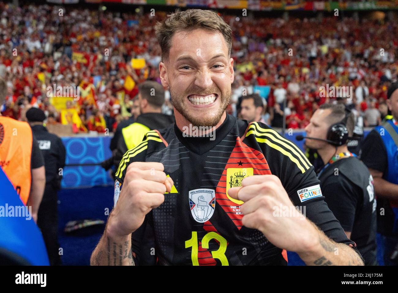 BERLIN, GERMANY - JULY 14: goalkeeper Alex Remiro of Spain celebrates after winning the UEFA EURO 2024 final match between Spain and England at Olympi Stock Photo