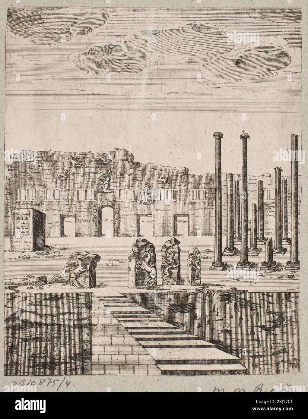 Copper engraving depicting antique ruins with remnants of walls ...