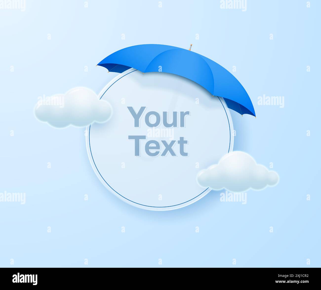 Round glass frame under an umbrella on a blue background with clouds. Free space for your text. Vector illustration. Stock Vector