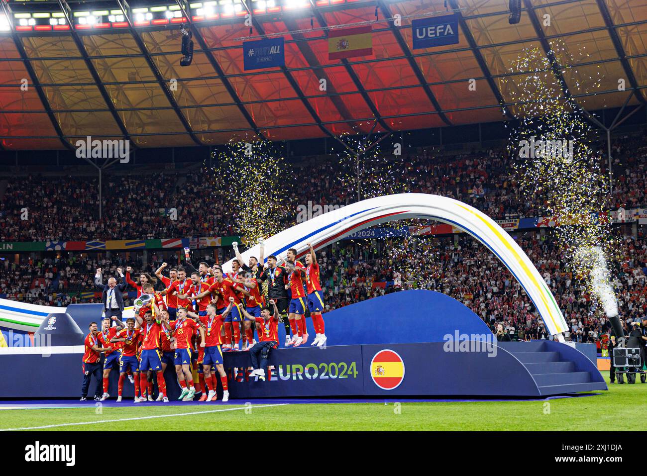Team of Spain seen celebrating with a trophy during UEFA Euro 2024