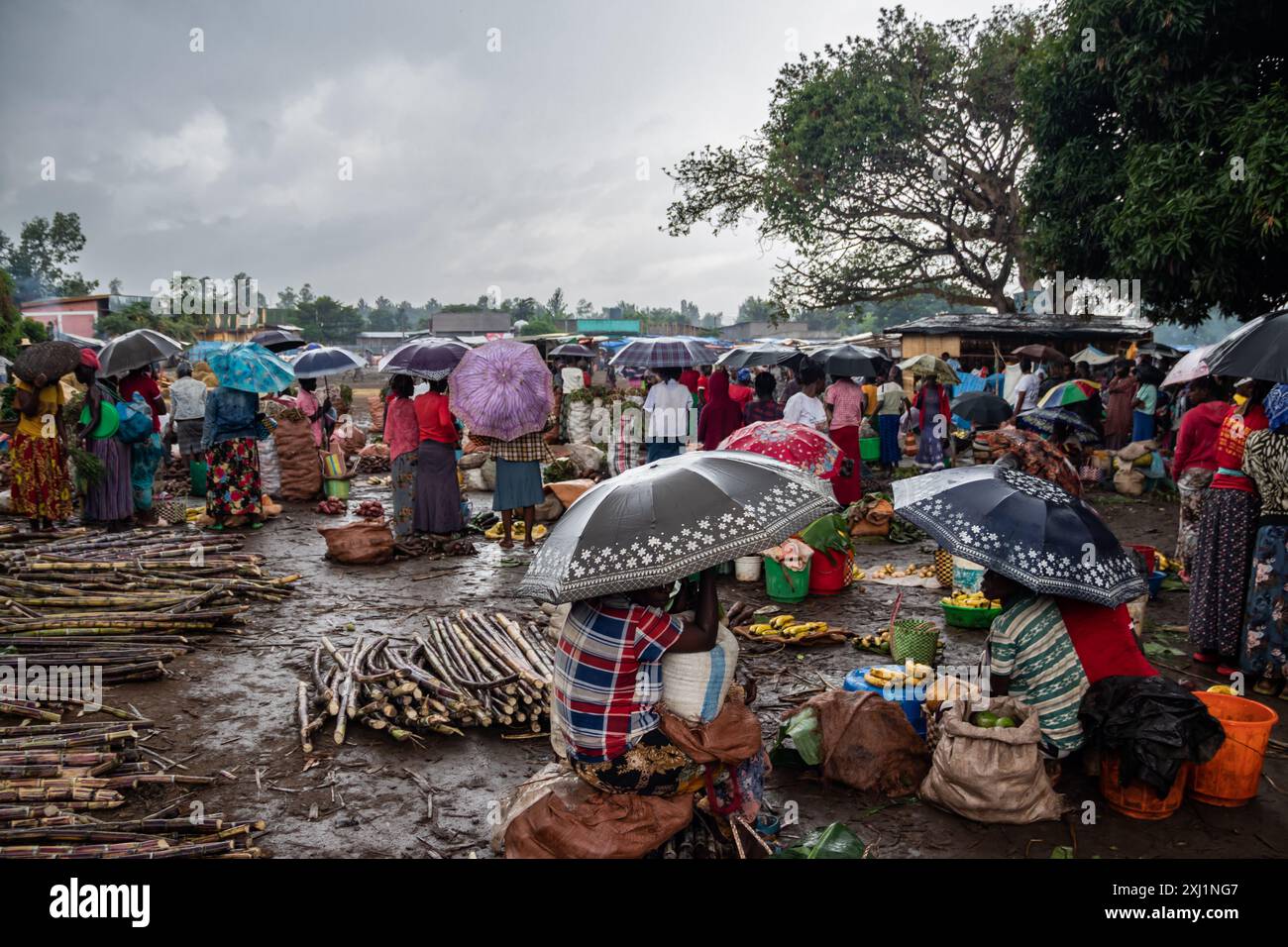 An African open market buzzes with activity on a rainy day, as many ...