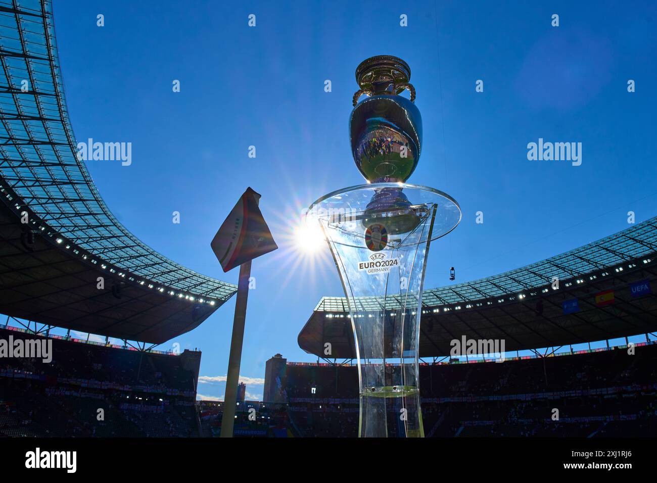 Europameister EM-Pokal, EM, Trophaee, Trophy, UEFA-EM-Pokal, UEFA Euro Trophy, Siegertrophaee, Fussball-Europameisterschaft, Pokal,  before the final match in the Olympia Stadium Berlin  SPAIN - ENGLAND 2-1 of the UEFA European Championships 2024  on Jul 14, 2024  in Berlin, Germany.  Photographer: Peter Schatz Stock Photo