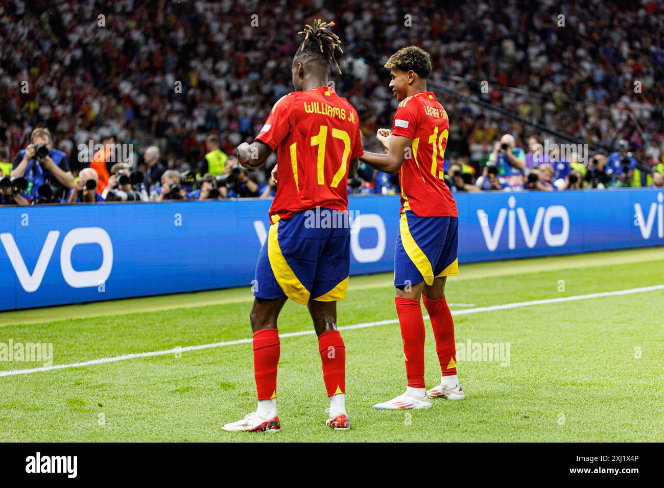 Nico Williams, Lamine Yamal seen celebrating after scored goalk during