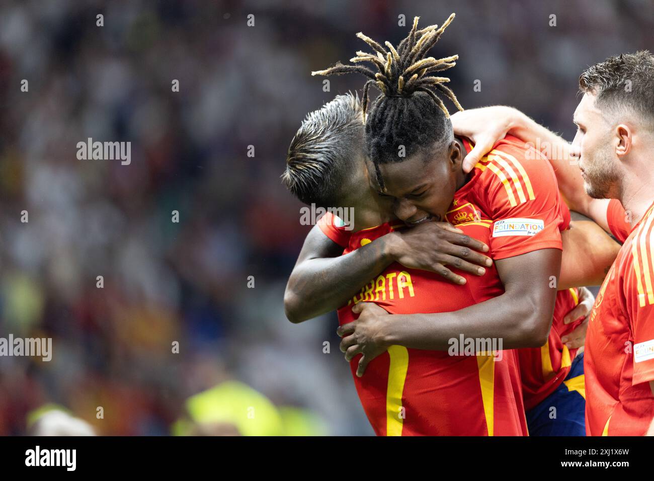 Nico Williams, Alvaro Morata seen celebrating after scoring goal during