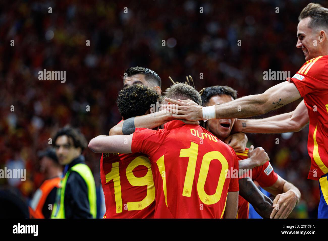 Team of Spain seen celebrating after scored goal during UEFA Euro 2024