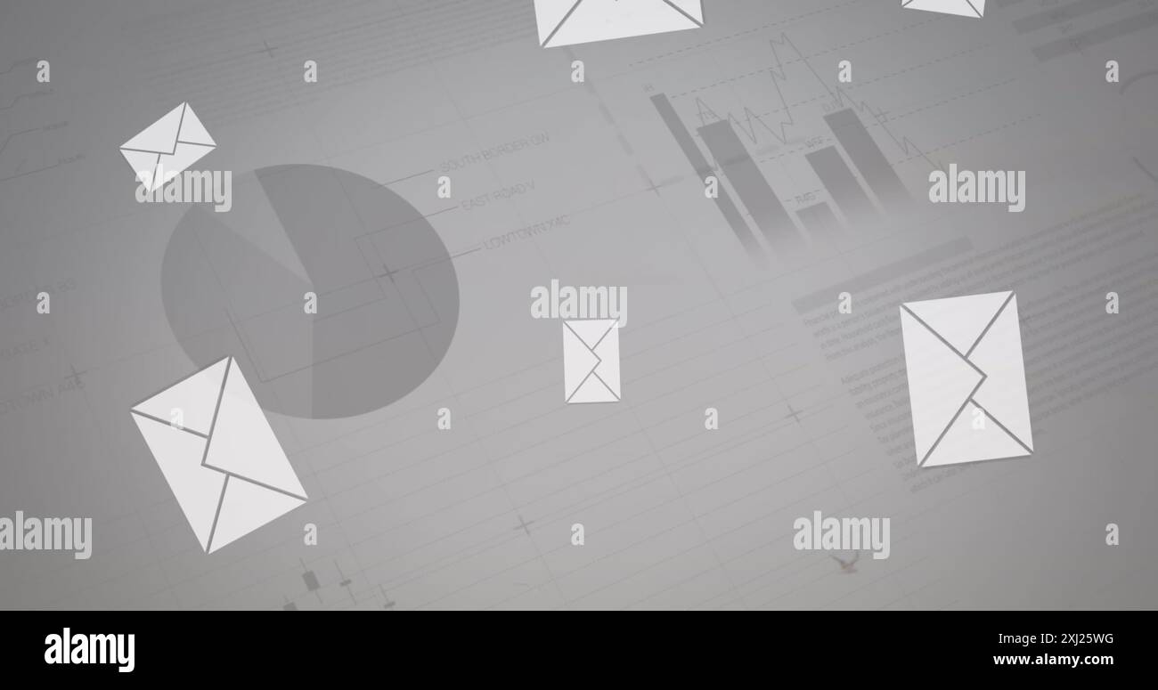 Image of multiple message icons falling over statistical data processing against grey background. Global networking and business data technology conce Stock Photo