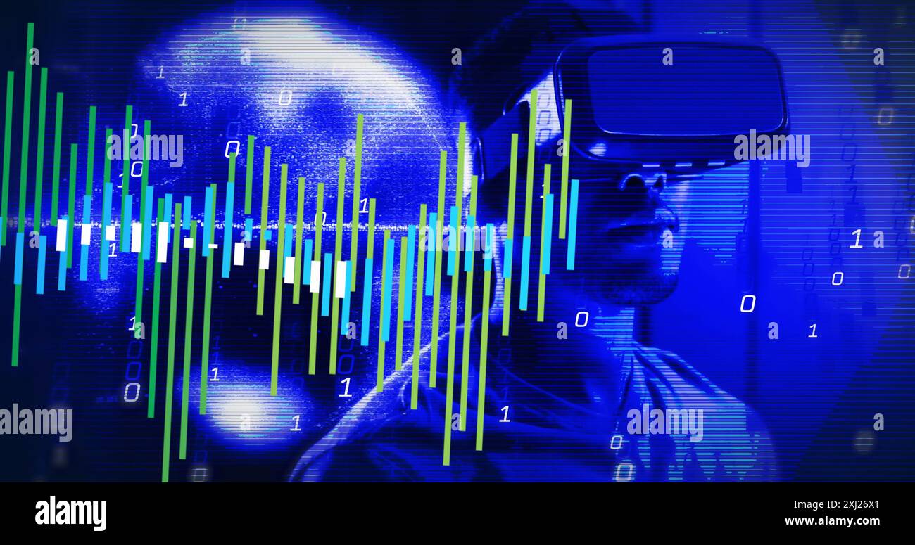 Image of data processing and binary coding over african american man in vr headset. Global computing, digital interface and data processing concept di Stock Photo