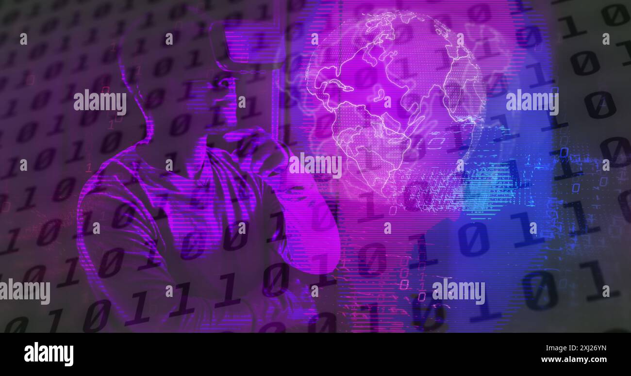 Image of binary coding data processing with african american man in vr headset. Global computing, digital interface and data processing concept digita Stock Photo