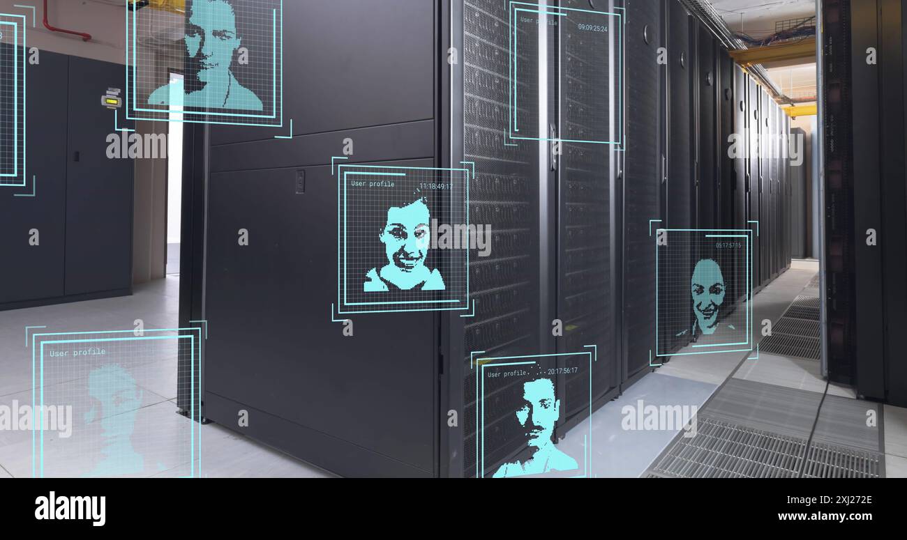 Image of multiple profile icons against empty computer server room ...