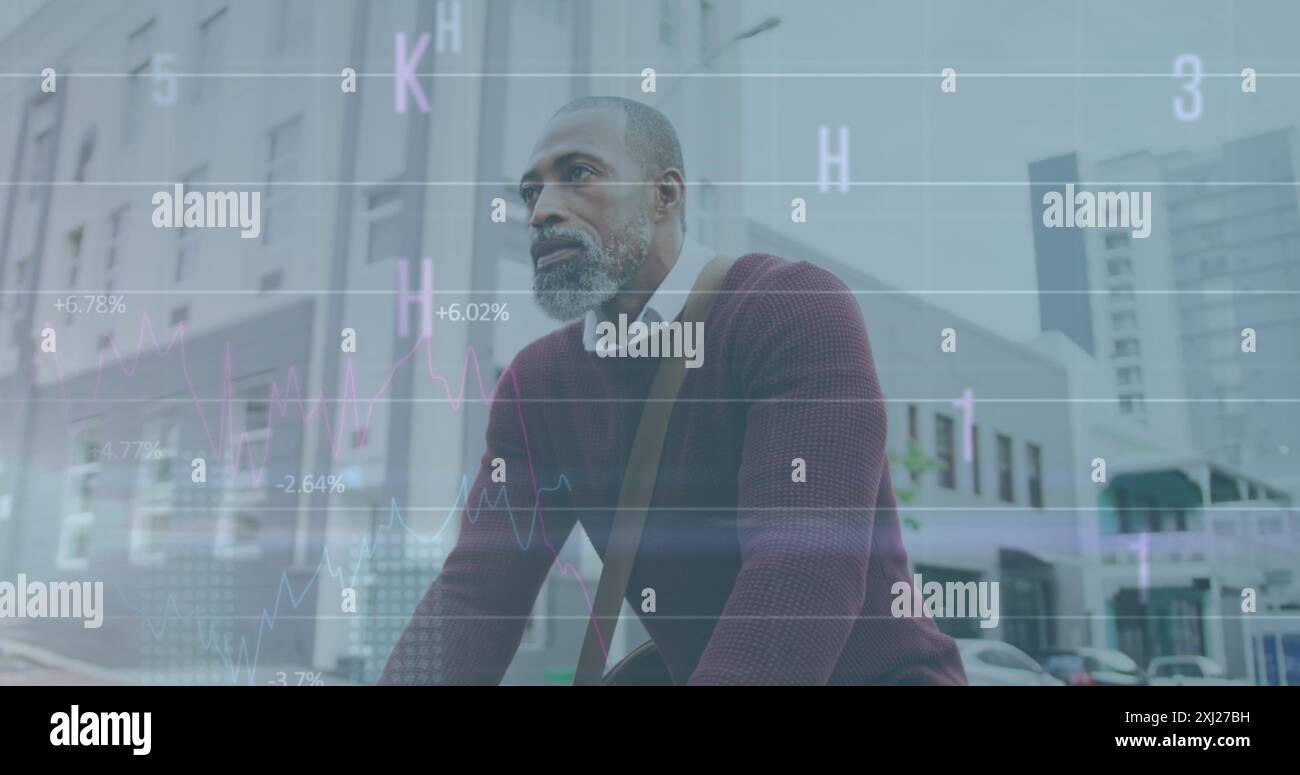 Image of graphs, letters, changing numbers, senior african american man ...