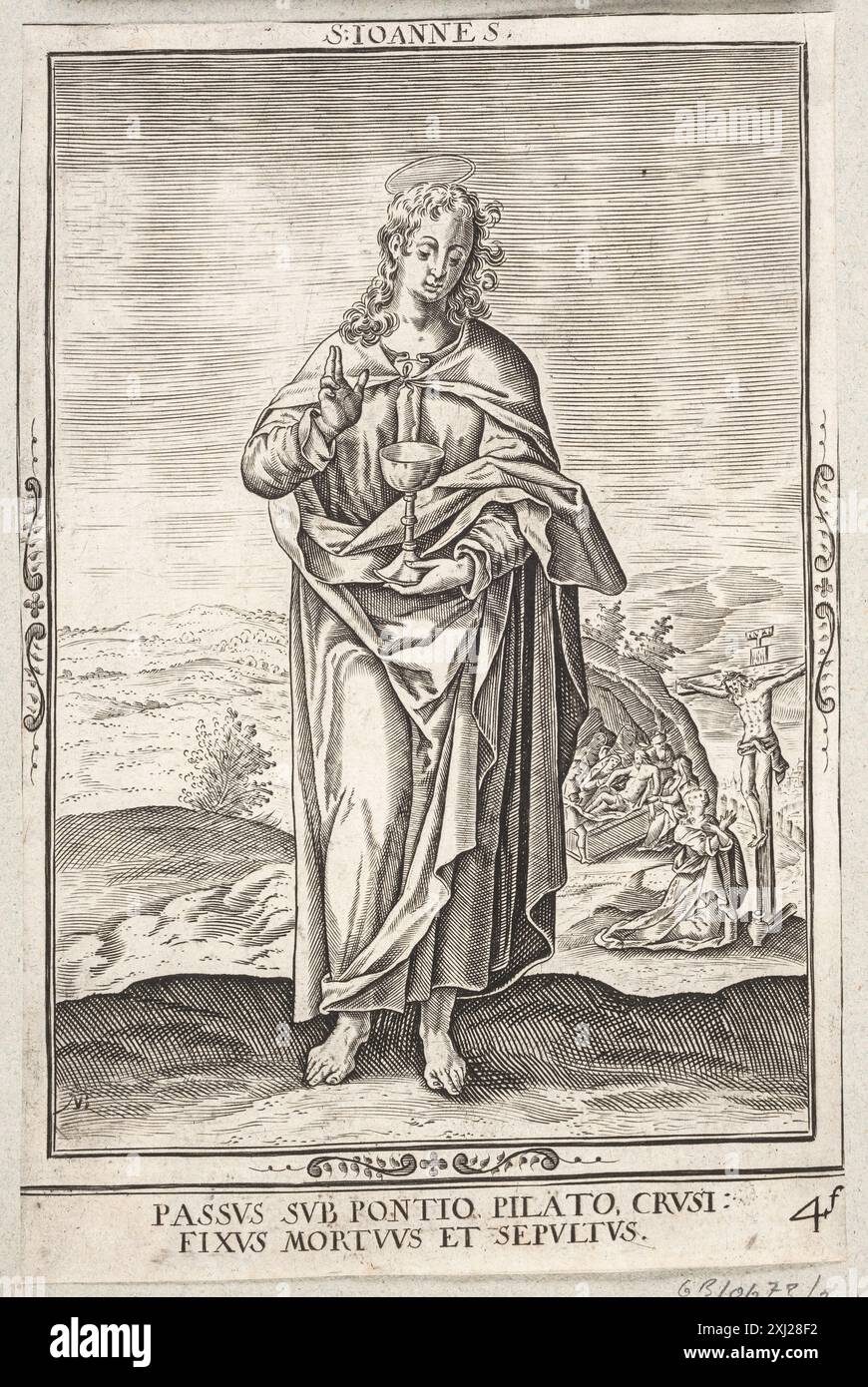 Saint Attributes Copper engraving by Nicolaes de Bruyn depicting Saint John, showing the ...