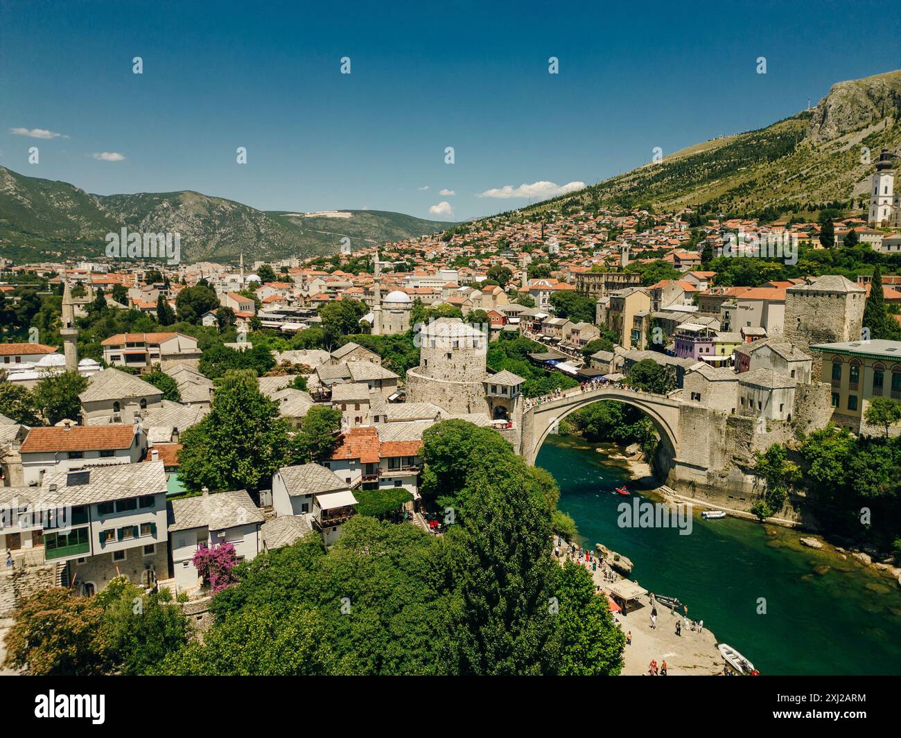 aerial view of the historic town of Mostar with famous Old Bridge ...