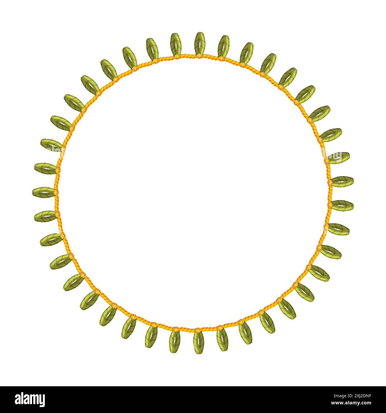 Abstract Textured Rope Stitched Round Frame With Leaf Stock Vector