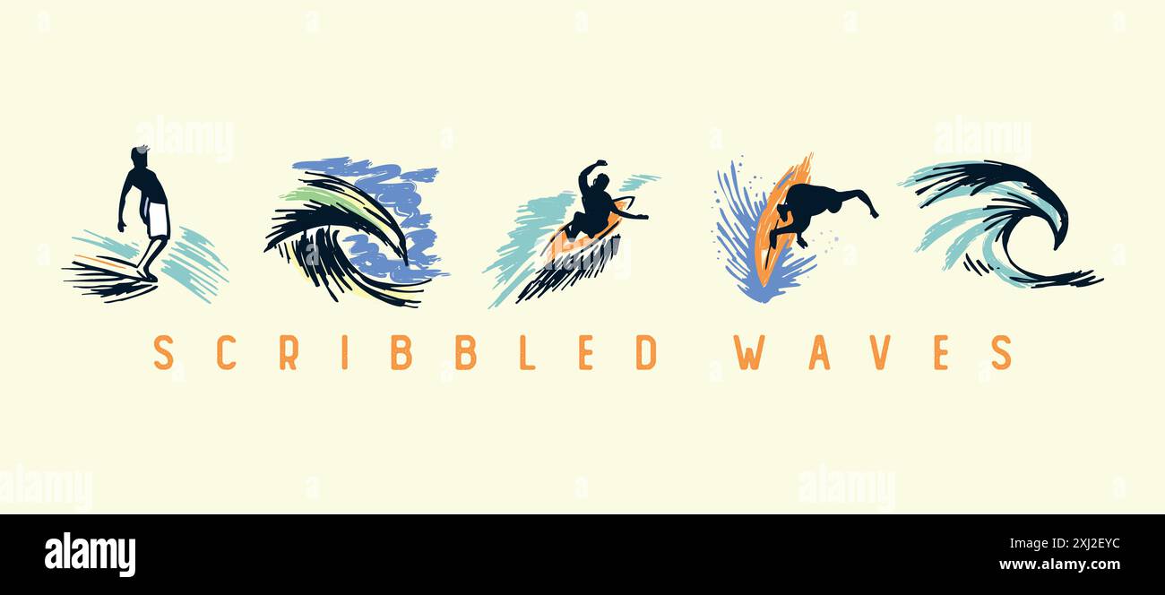 Vector illustration of waves and surfers. Art in a stripped-down style ...