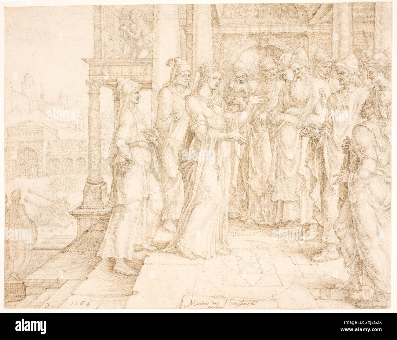 This drawing by Maarten van Heemskerck depicts Judith addressing the ...
