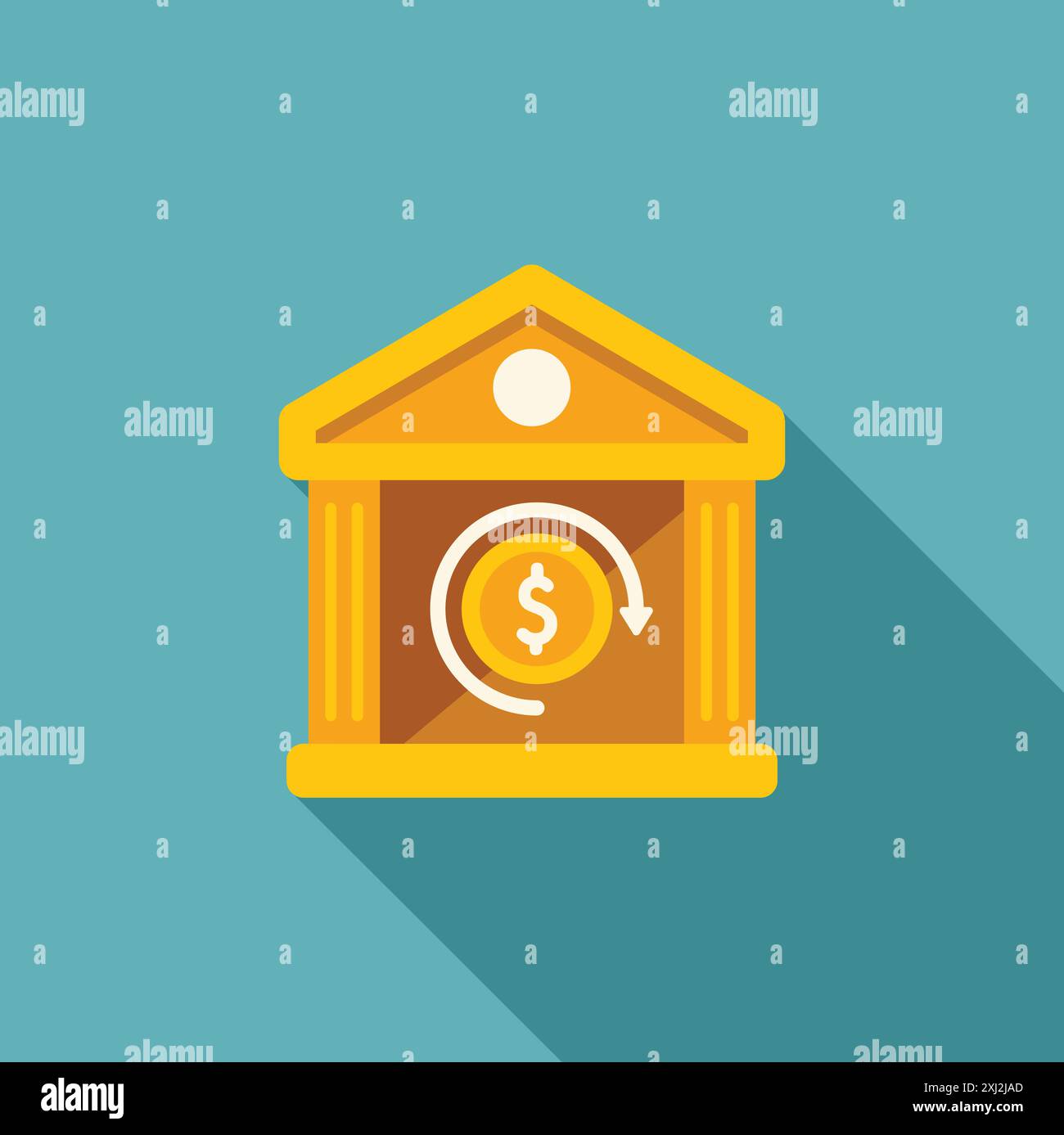 Illustration of a bank facade with a rotating dollar coin inside ...