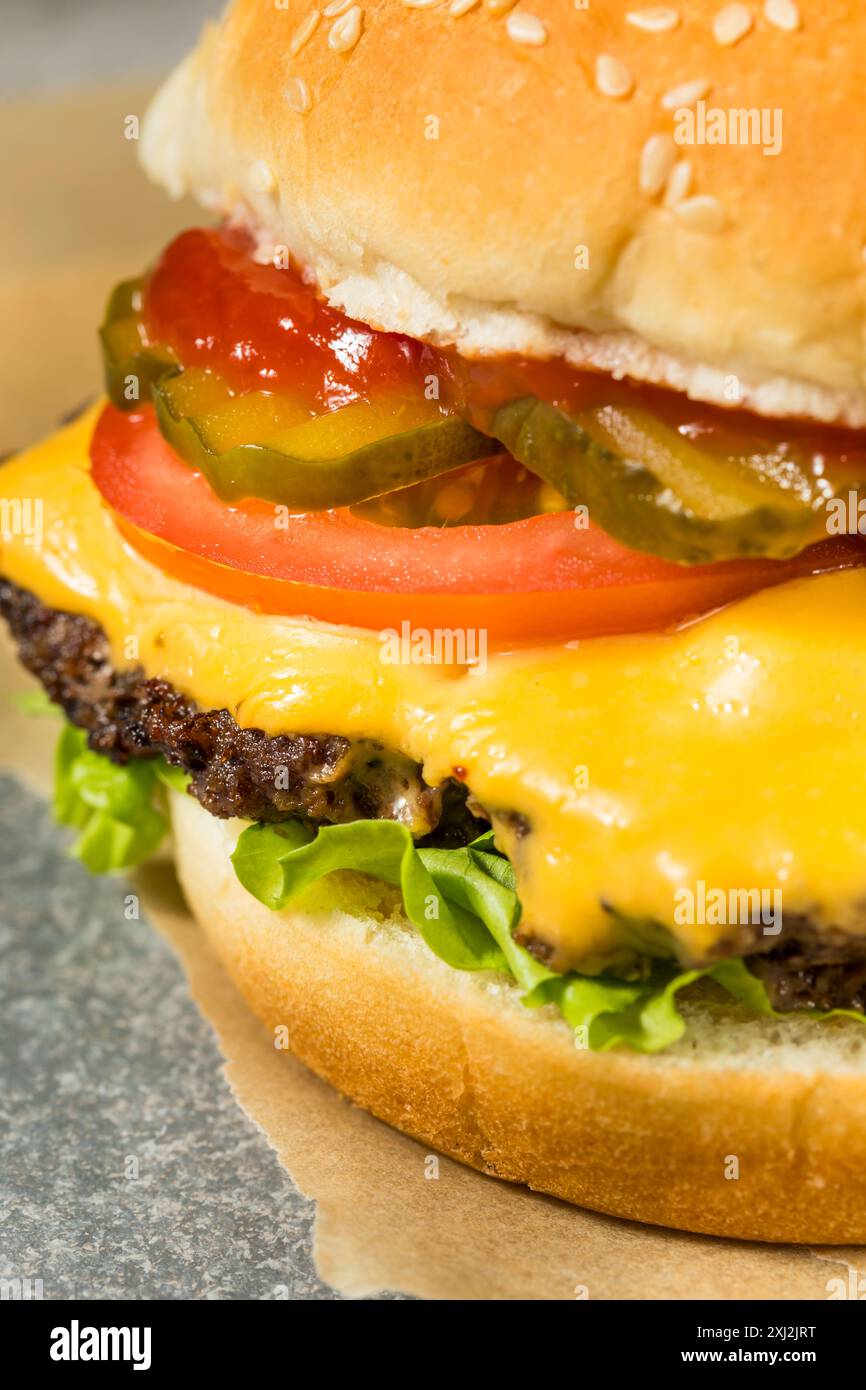 Fast Food Cheeseburger and French Fries with Lettuce Tomato and Pickles Stock Photo