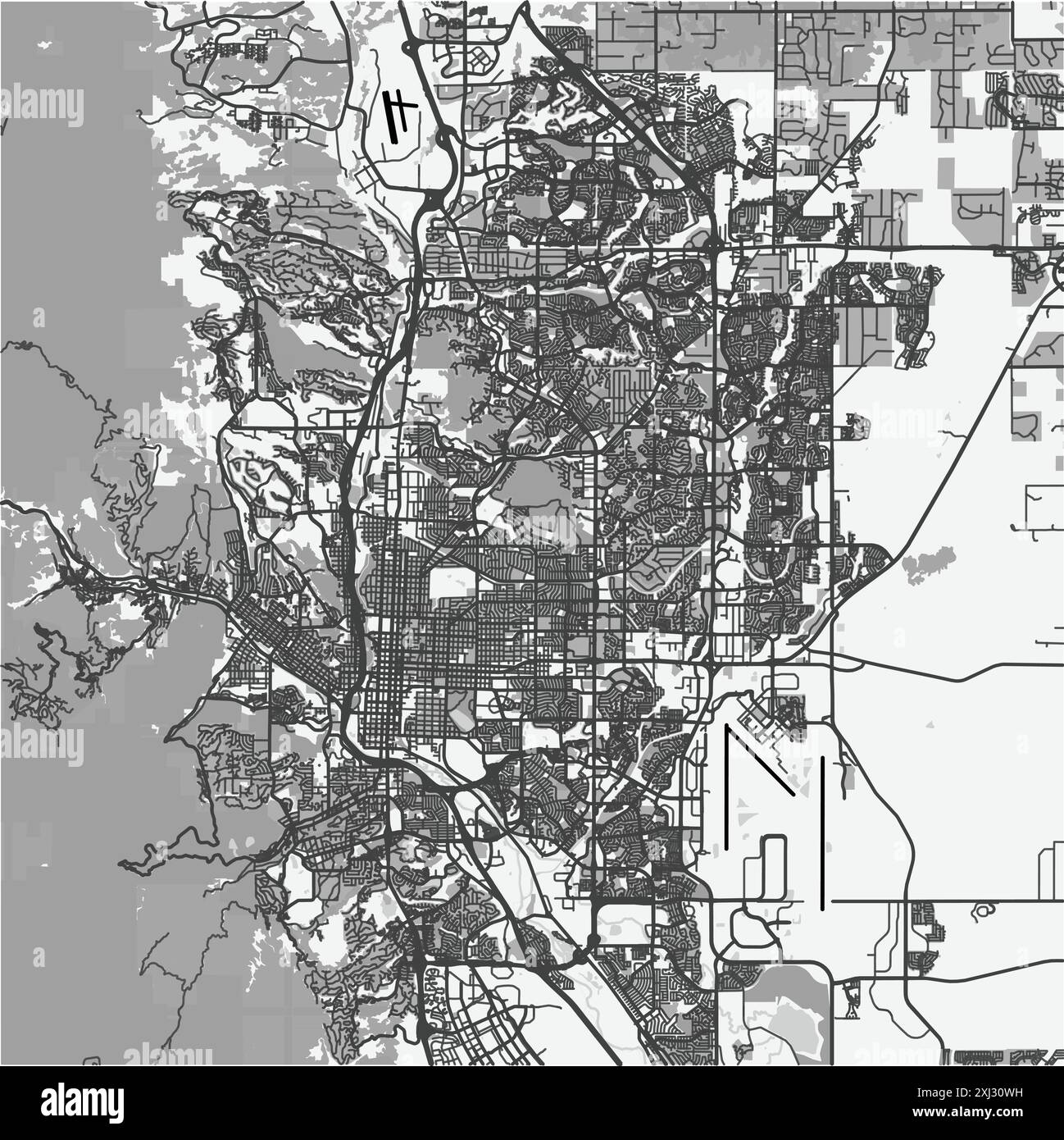 Map of Colorado Springs in Colorado in grayscale. Contains layered vector with roads water, parks, etc. Stock Vector