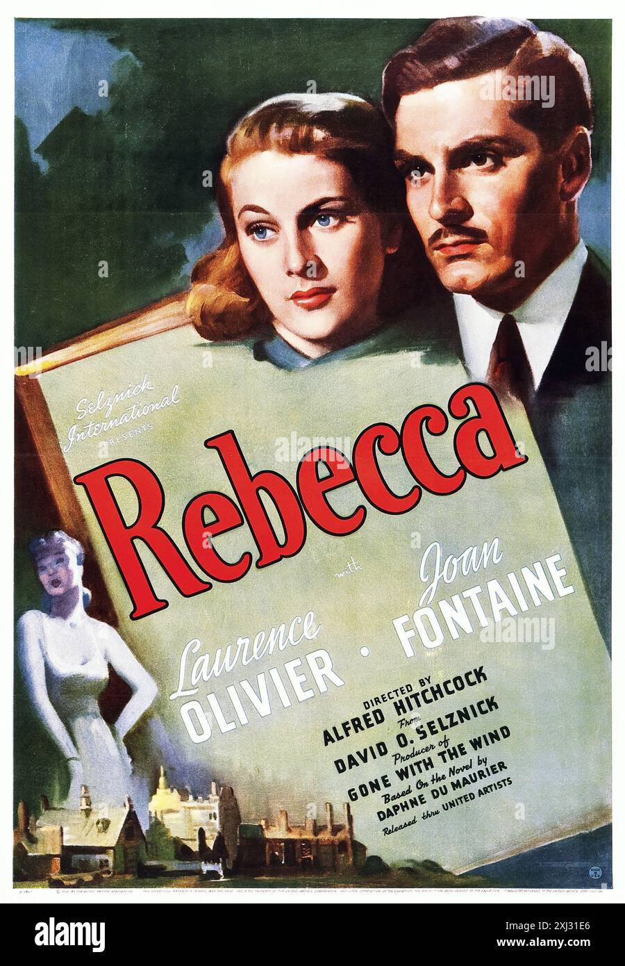 Rebecca, Alfred Hitchcock. Movie poster for Alfred Hitchcock's 'Rebecca' starring Laurence Olivier and Joan Fontaine, 1939 Stock Photo