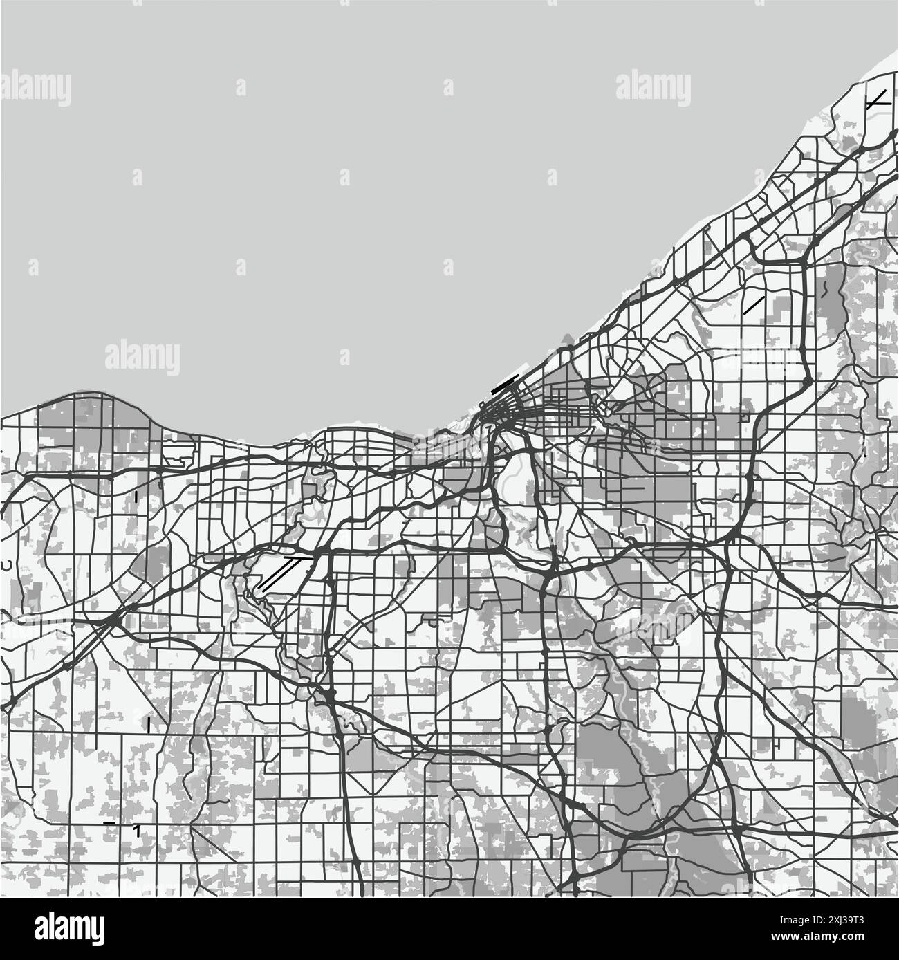 Map of Cleveland in Ohio in grayscale. Contains layered vector with roads water, parks, etc. Stock Vector