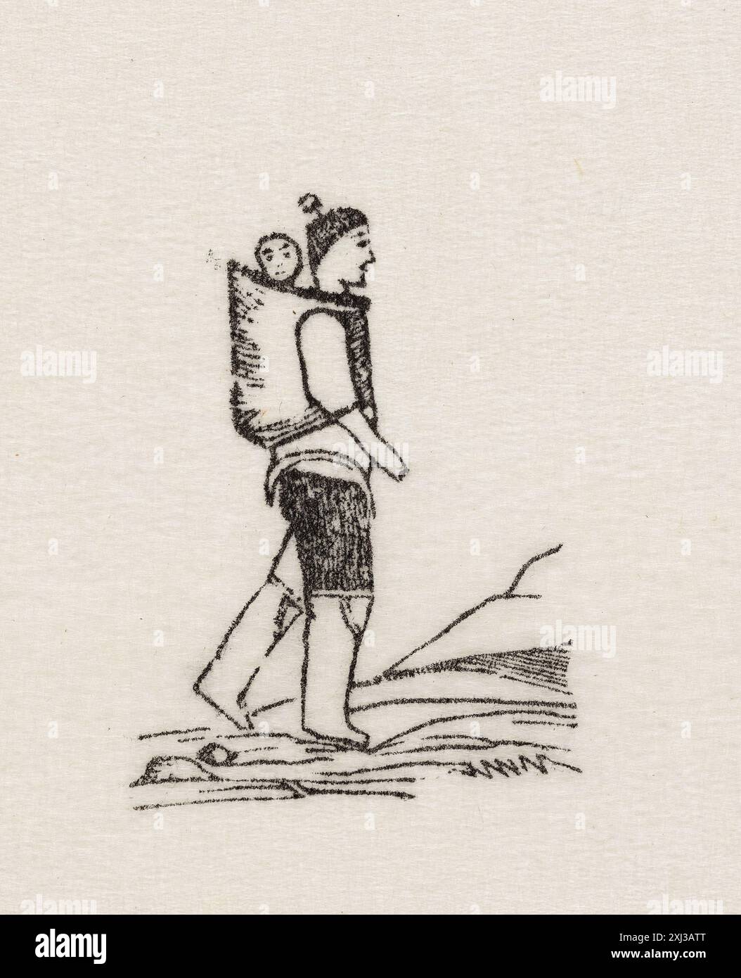 Woodcut depicting a Greenlandic woman walking with her child inside an ...