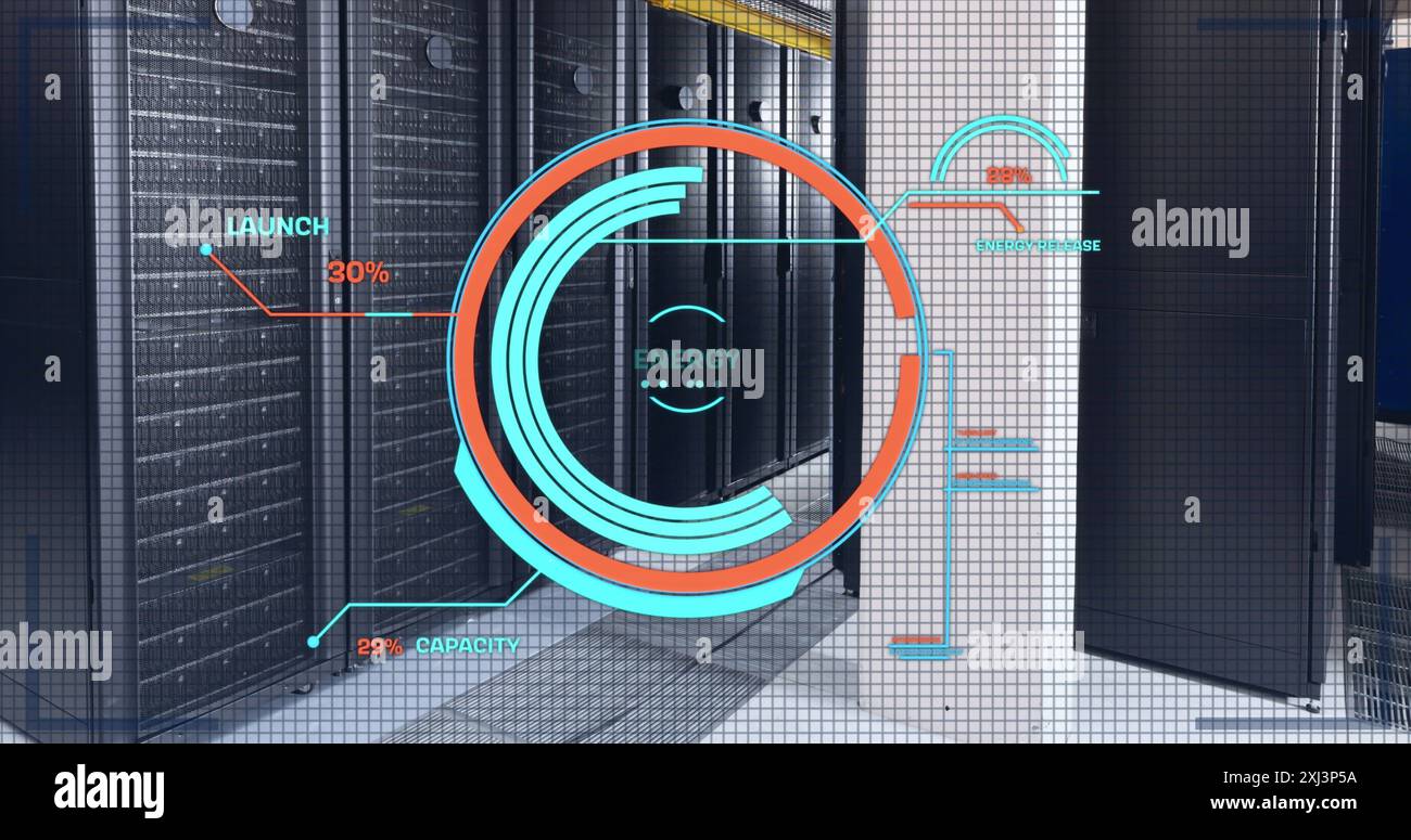 Image of round scanner and data processing against computer server room ...