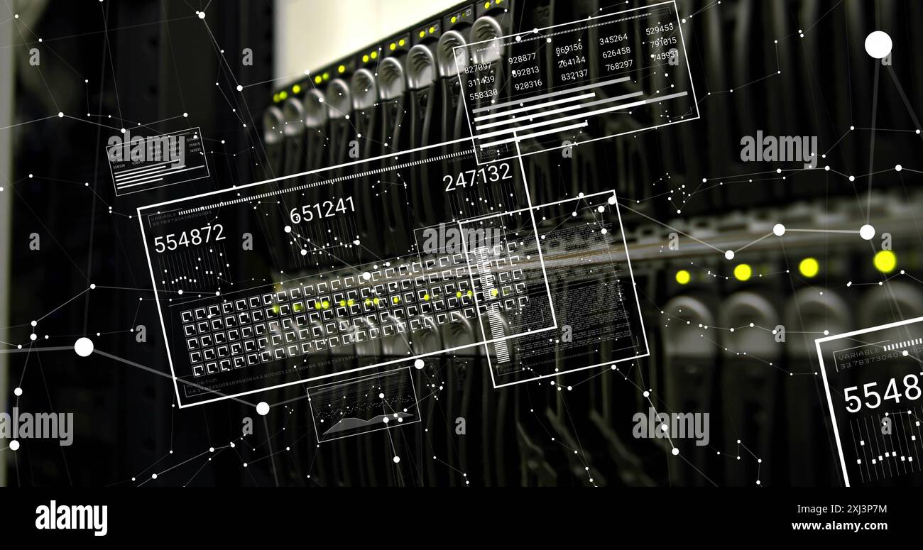 Image of white spots and data processing over server room. Global technology and digital interface concept digitally generated image. Stock Photo
